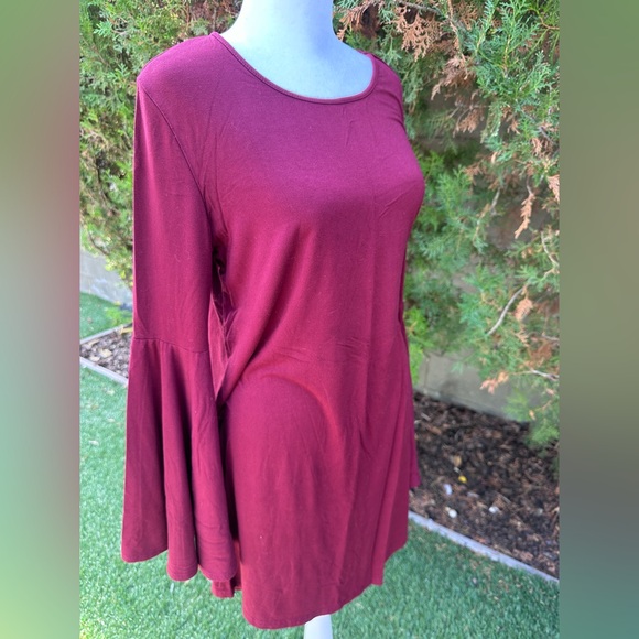 Women’s Burgundy Dress with Long Bell Sleeves Medium - Picture 3 of 5
